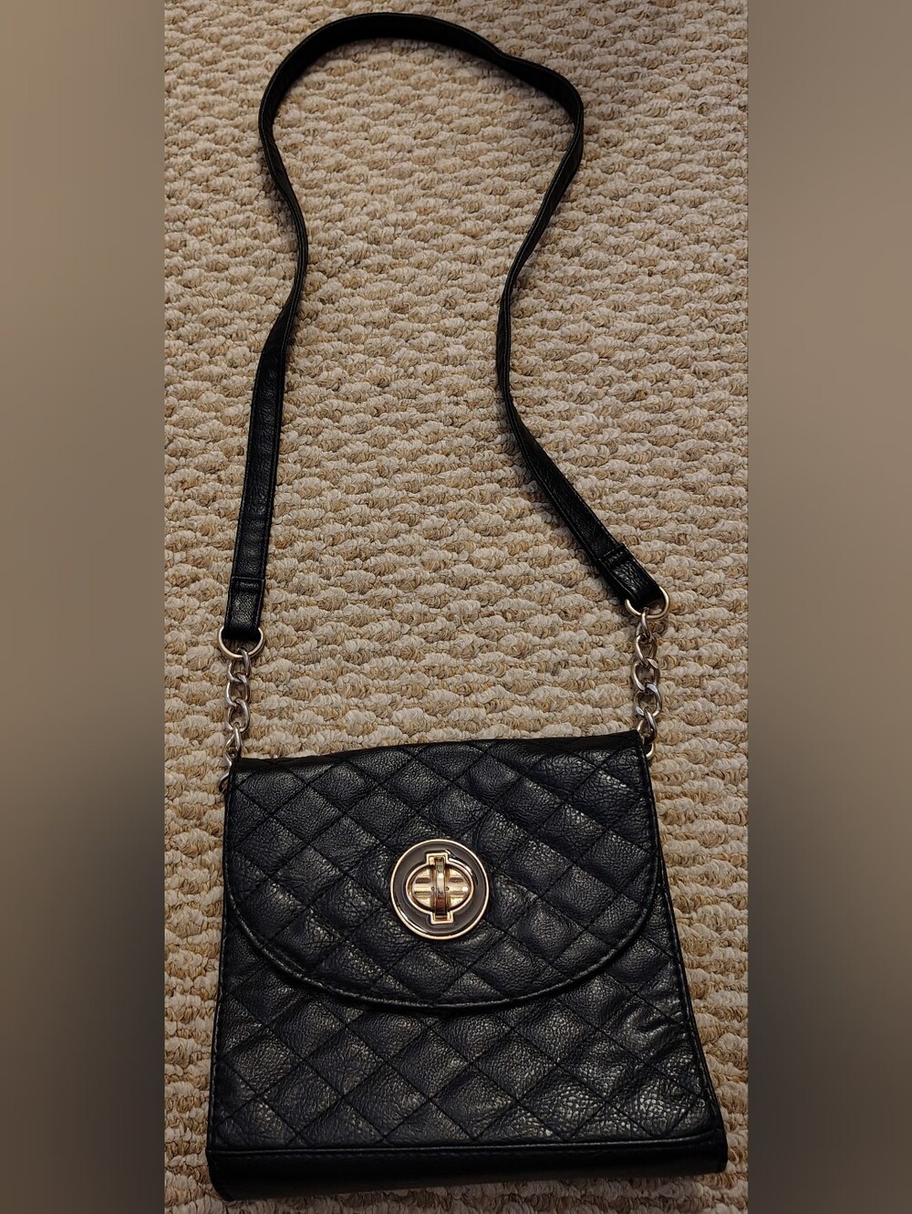 Black Quilted Crossbody Bag with Gold Turn-Lock